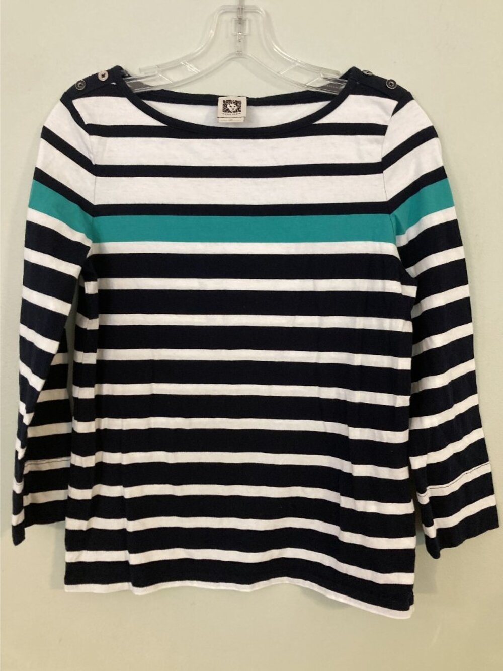 Anne Klein Womens Striped Long-Sleeve Top Navy/White With Turquoise Accent M